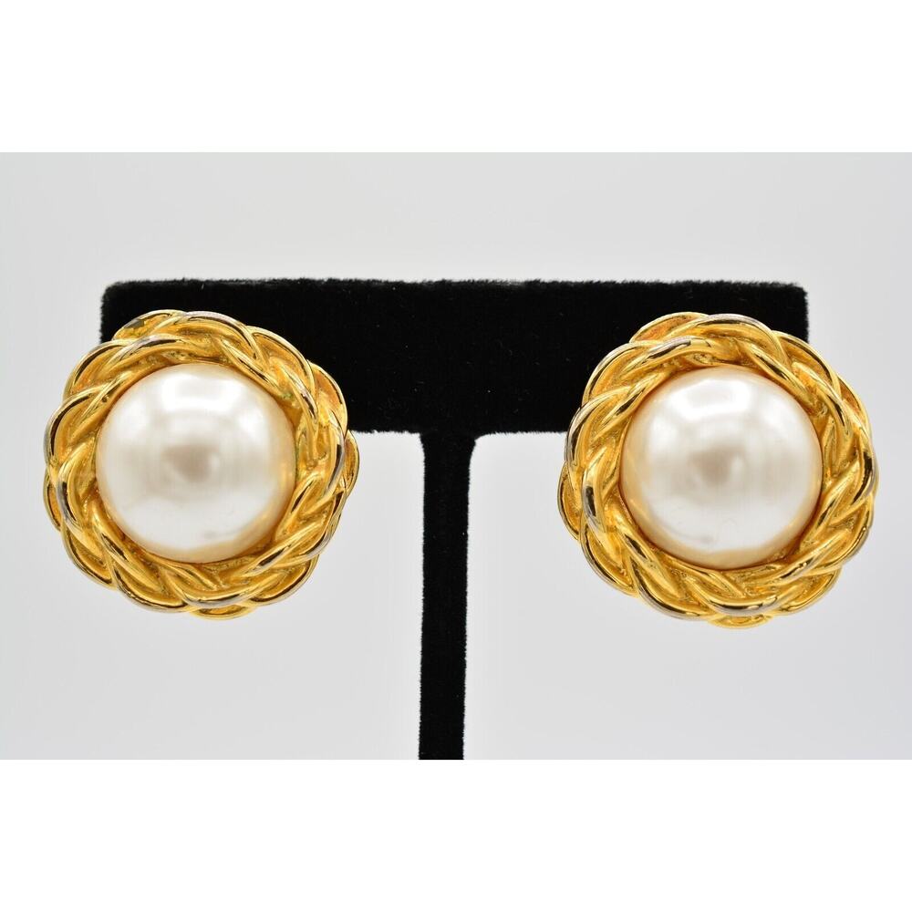 Anne Klein Vintage Clip On Earrings Pearl Gold Round AK Chunky Signed 80s BinAI